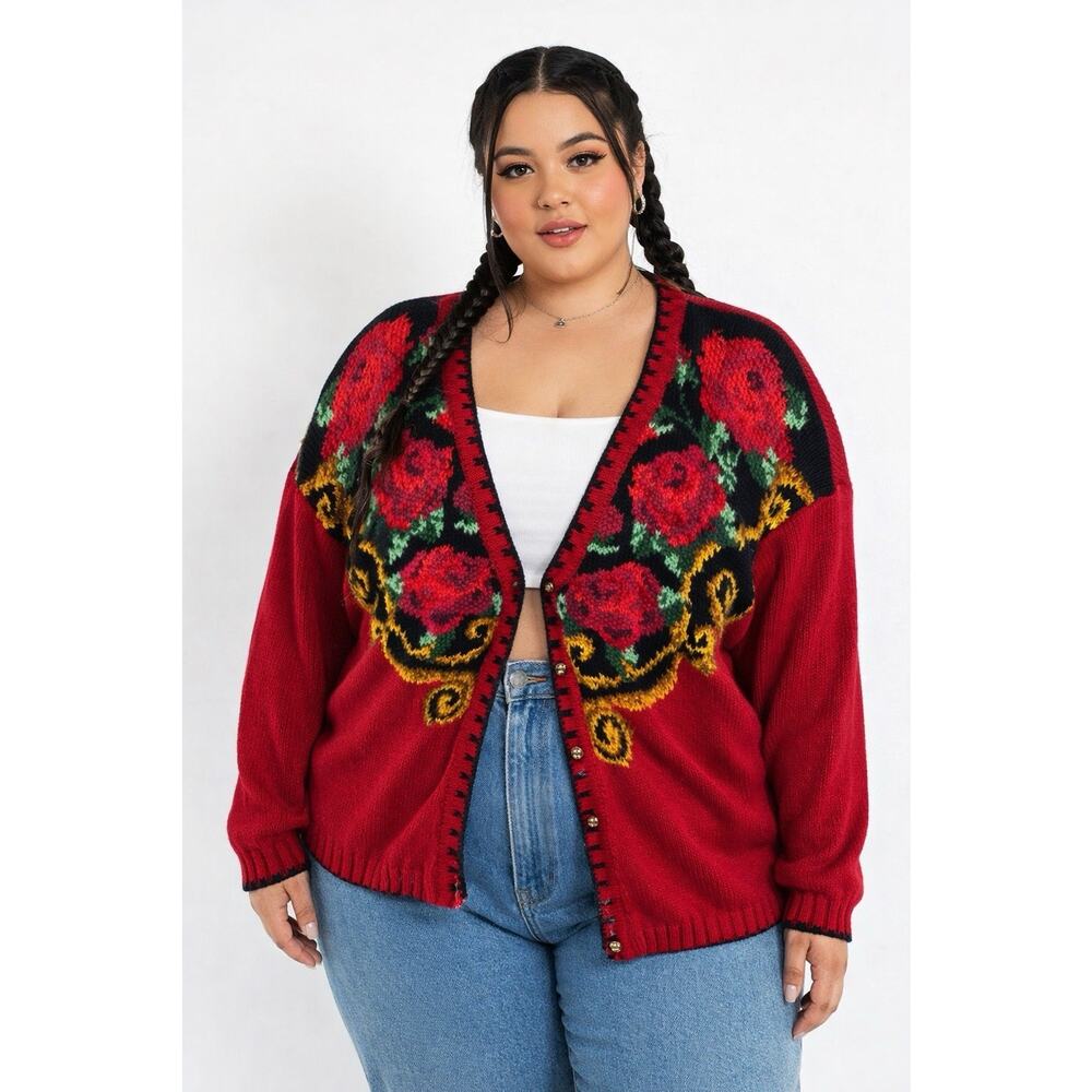 Vintage 1980s Maggie Lawrence Womens 18/20 Floral Knit Cardigan Sweater Red Boho